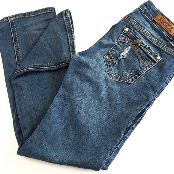 Rock & Roll Cowgirl Denim - Rock&Roll Destressed Low Rise Straight Blue Jeans